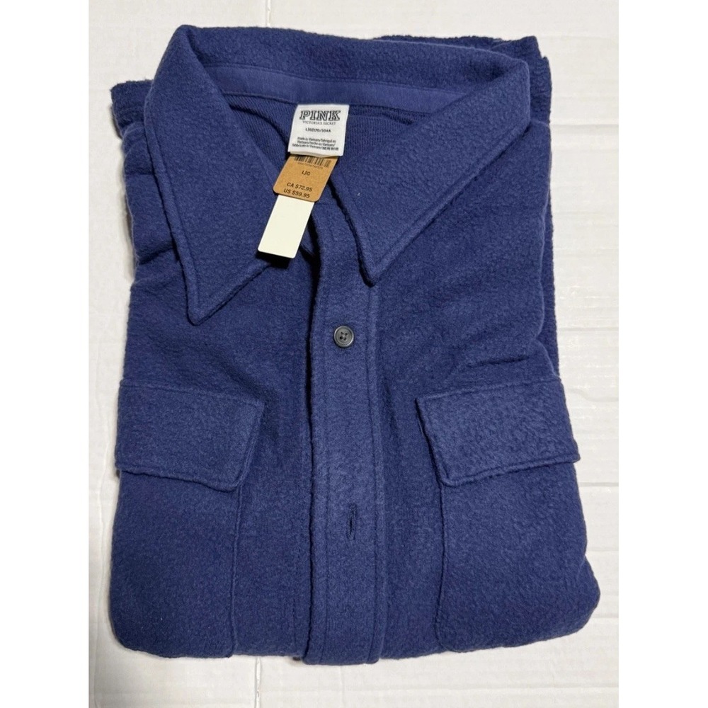 Victoria Secret Pink Women's Reverse Fleece Shacket Size Large Navy Blue Button
